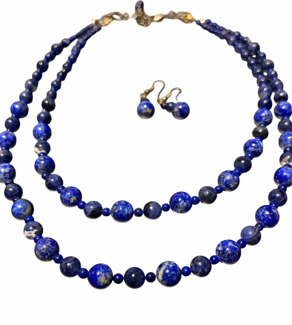 Lapis Lazuli Blue Round Stone Bead Necklace & Earrings Jewelry Set